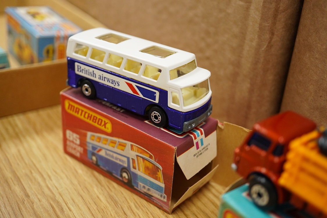 Twelve boxed Matchbox Superfast and Rola-matics 1-75 vehicles; Seafire (5), VW Golf (7), the Londoner bus (17), refuse truck (36), zoo truck (35), camper (38), horsebox (40), police launch (52), airport coach (65), S-P G